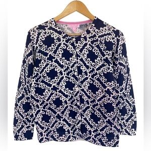 Lilly Pulitzer Navy Blue & White Script Logo Geometric Cardigan Size L